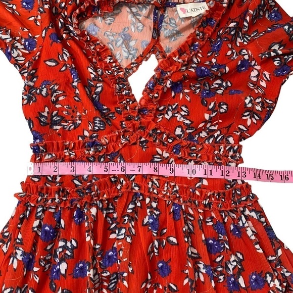 L'ATISTE by Amy‎ Anthropologie Red Floral Long Sleeve Open Back Short Dress Sz S - Picture 9 of 14